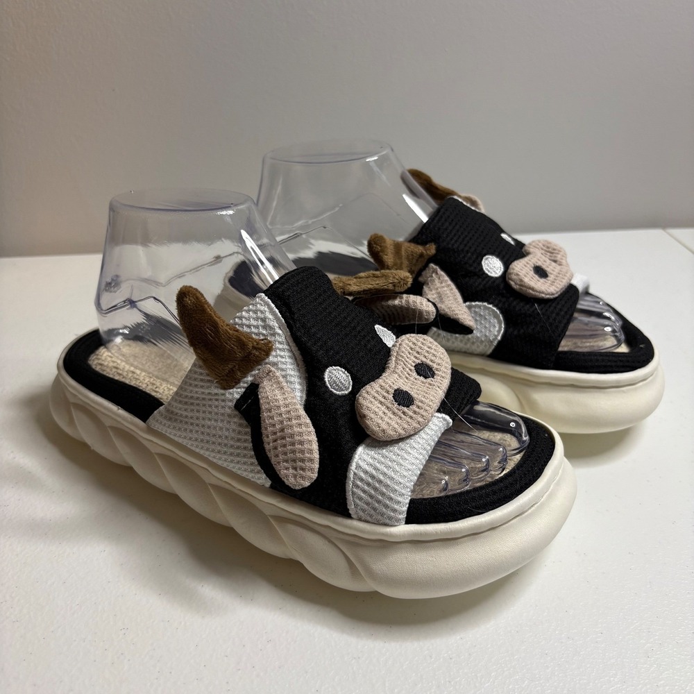Cow‎ Slides Slippers Women Size 38-39 Black White Novelty Comfort Indoor Outdoor